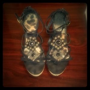 Black beaded wedge sandals